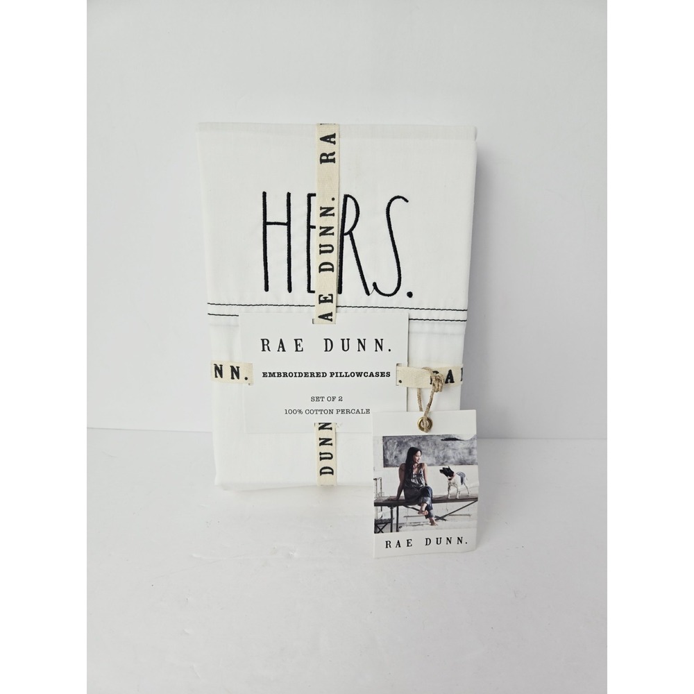 New Rae Dunn His & Hers  White Cotton Percale Standard Pillowcases set of 2